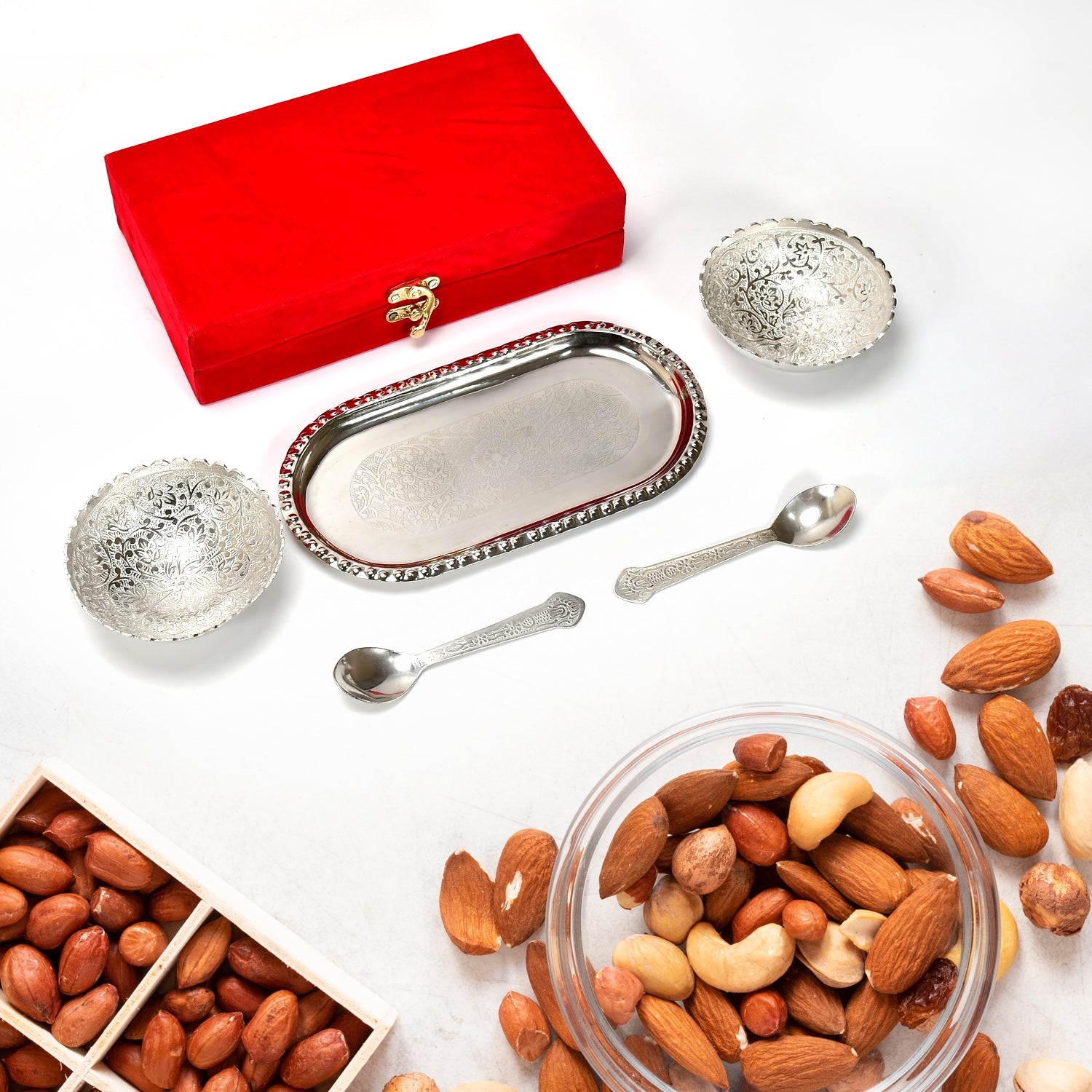 2947A Silver Plated 2 Bowl 2 Spoon Tray Set Brass with Red Velvet Gift Box Serving Dry Fruits Desserts Gift DeoDap 2947A Silver Plated 2 Bowl 2 Spoon Tray Set Brass with Red Velvet Gift Box Serving Dry Fruits Desserts Gift DeoDap
